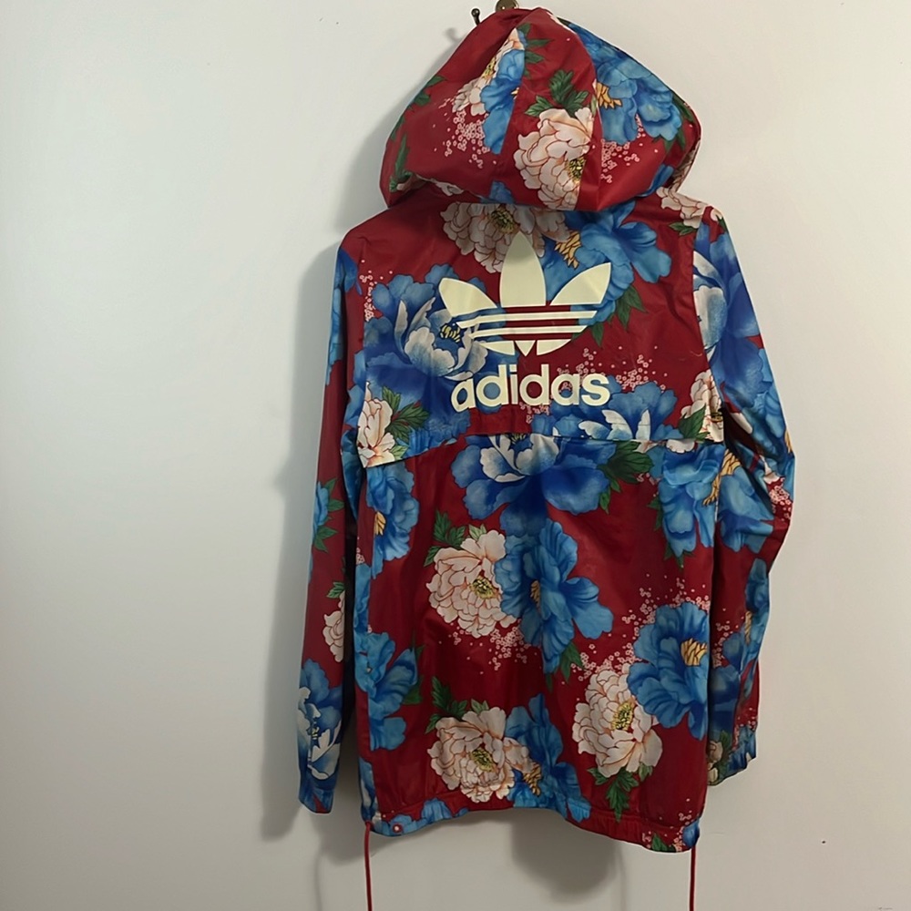 Adidas red floral wind breaker with hood